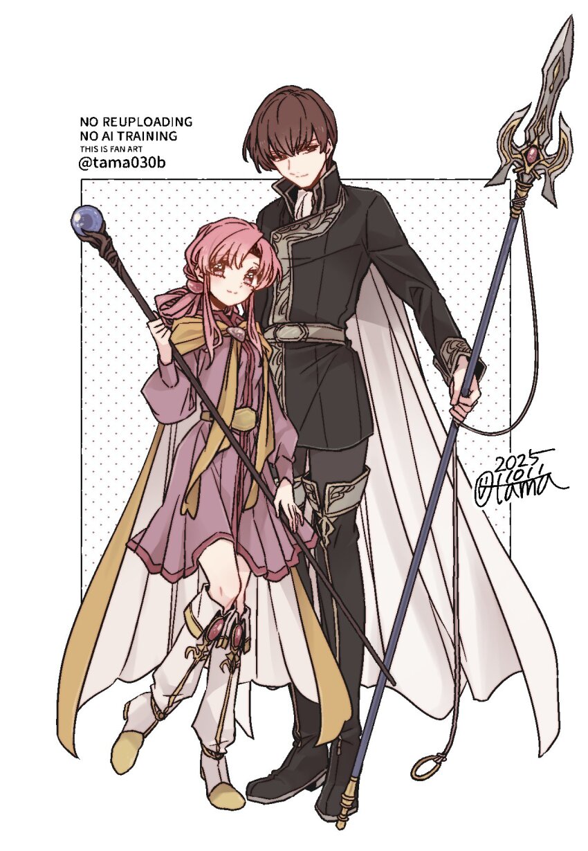 1boy, 1girl, black_boots, black_shirt, boots, breasts, brown_eyes, brown_hair, cape, commentary, dated, dress, ethlyn_(fire_emblem), fire_emblem, fire_emblem:_genealogy_of_the_holy_war, full_body, gae_bolg_(fire_emblem), height_difference, highres, holding, holding_staff, knee_boots, leg_up, long_hair, long_sleeves, looking_at_viewer, mage_staff, medium_dress, nintendo, pink_dress, pink_eyes, pink_hair, polearm, quan_(fire_emblem), sayu030b, shirt, short_hair, sidelocks, signature, simple_background, small_breasts, smile, staff, standing, thigh_boots, twitter_username, watermark, weapon, white_background, white_boots, white_cape, yellow_cape
