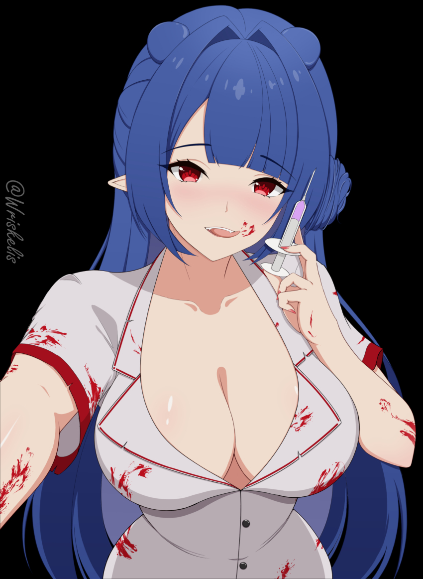 1girl, black_background, blood, blood_on_clothes, blood_on_face, blue_hair, breasts, buttons