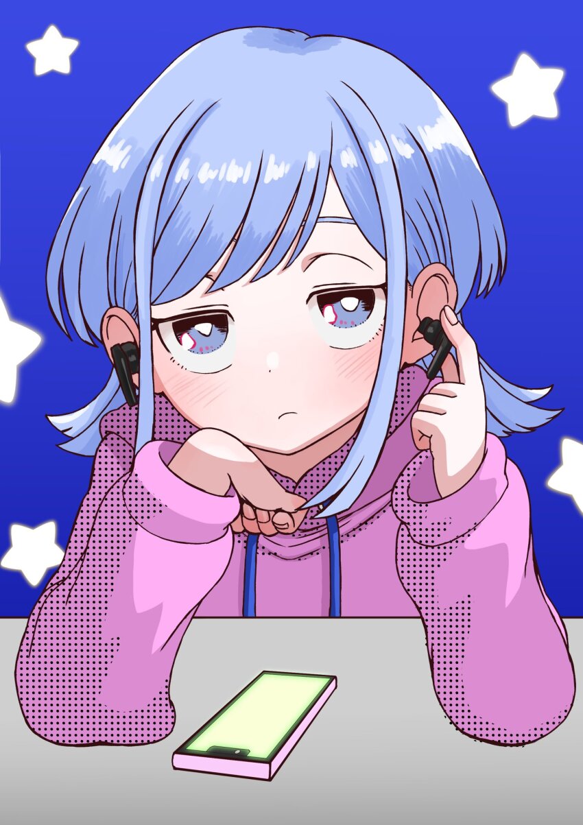 1girl, blue_background, blue_eyes, blue_hair, blush, bright_pupils, cellphone, earbuds