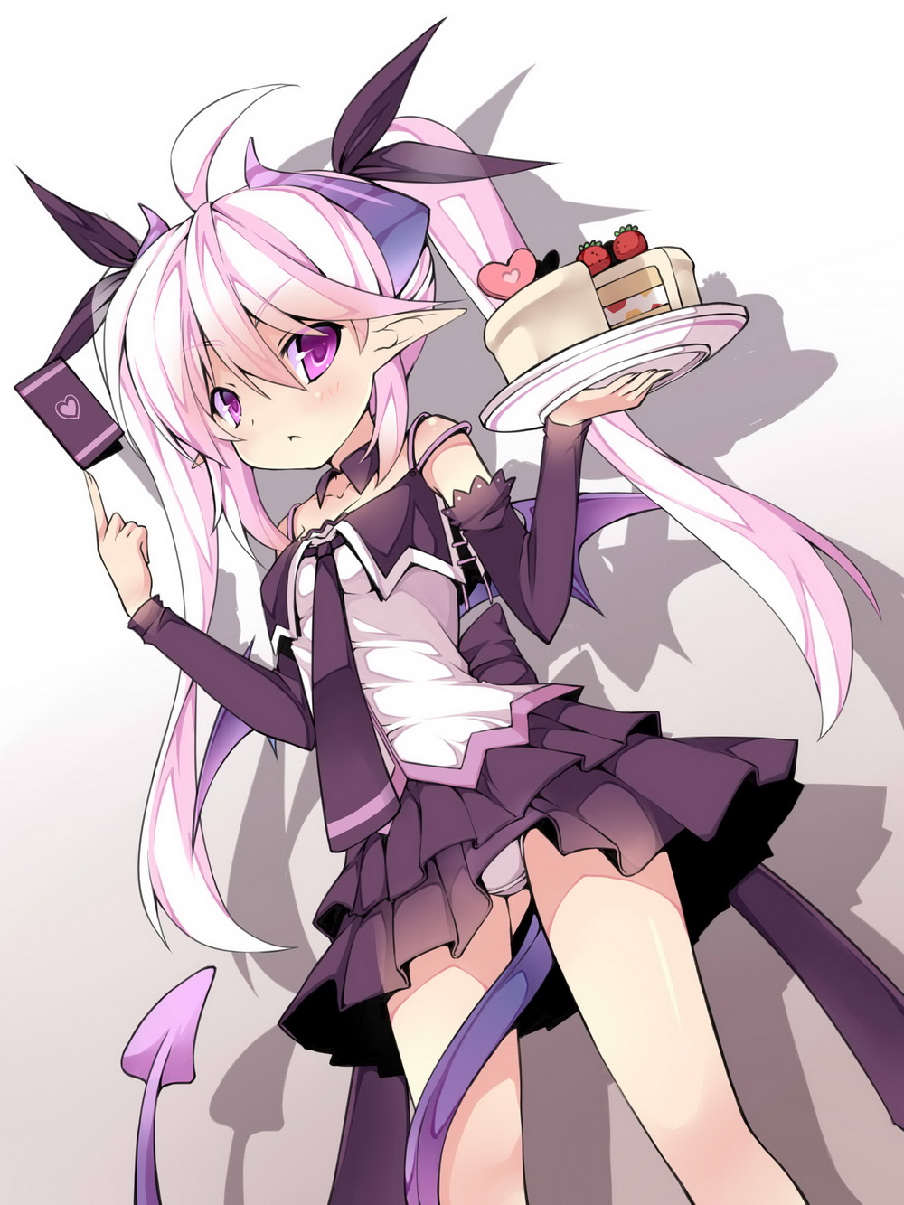 1girl, ahoge, bare_shoulders, bat_wings, blush, bow, breasts, cake