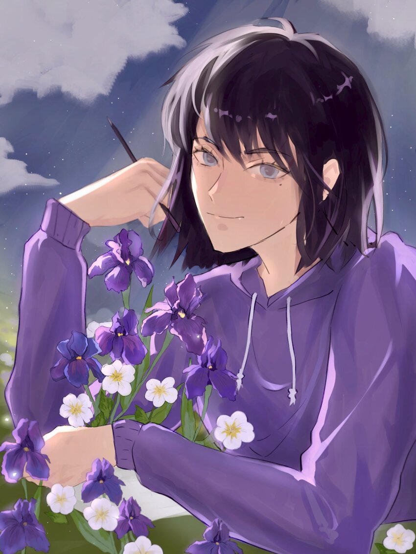 1girl, black_hair, bob_cut, emosunfish, field, flower, flower_field, grass