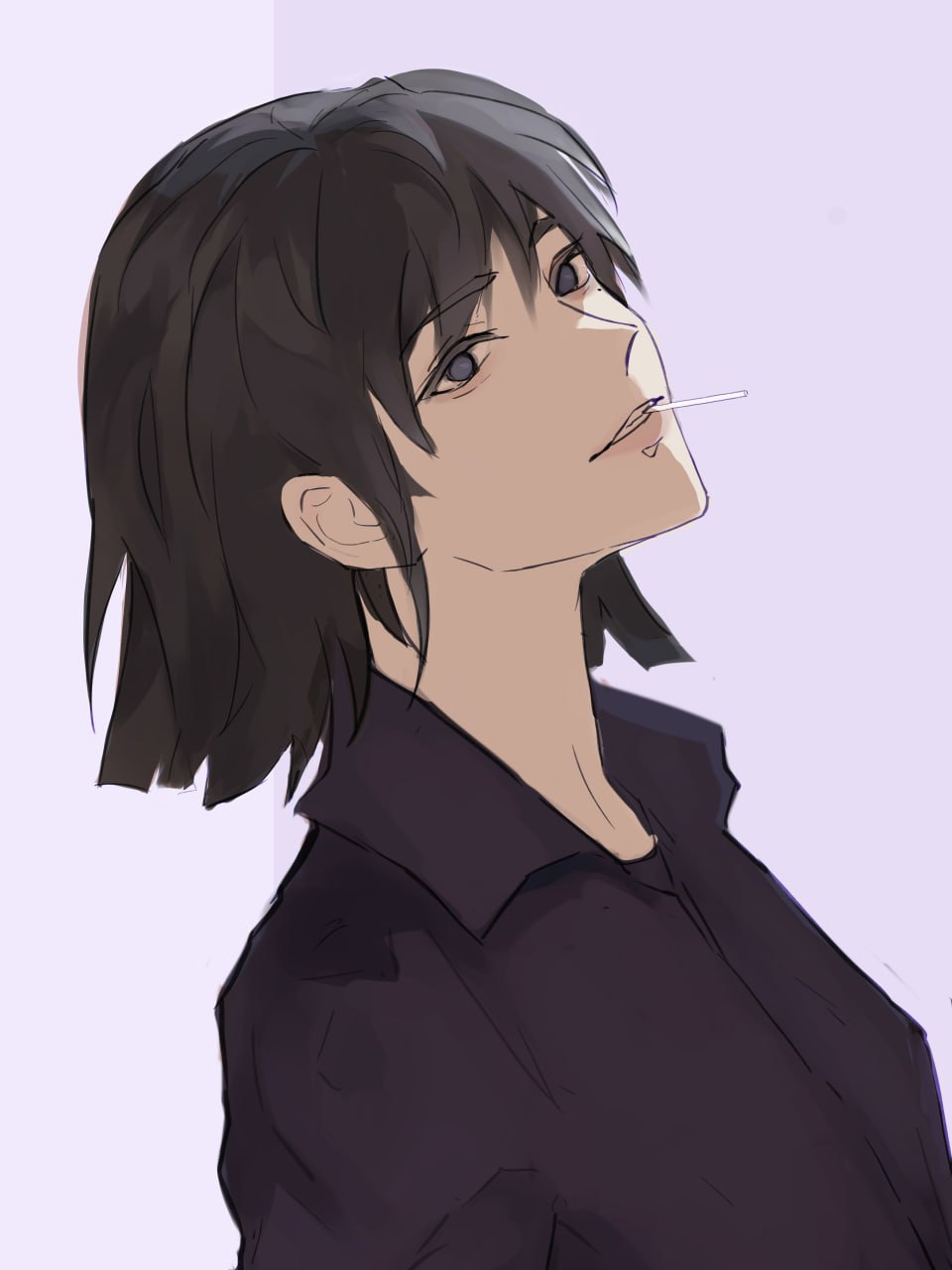 1girl, black_eyes, black_hair, black_shirt, bob_cut, candy, collared_shirt, emosunfish