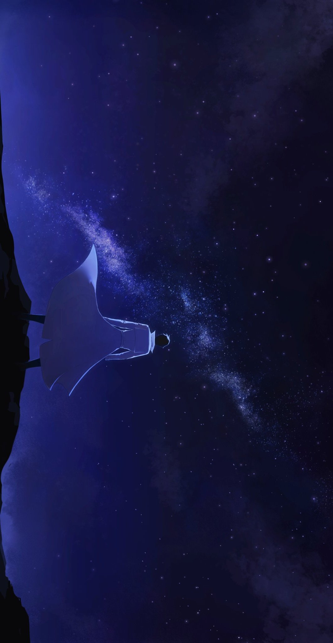 1boy, black_hair, blue_theme, coat, dark, emosunfish, from_behind, full_body