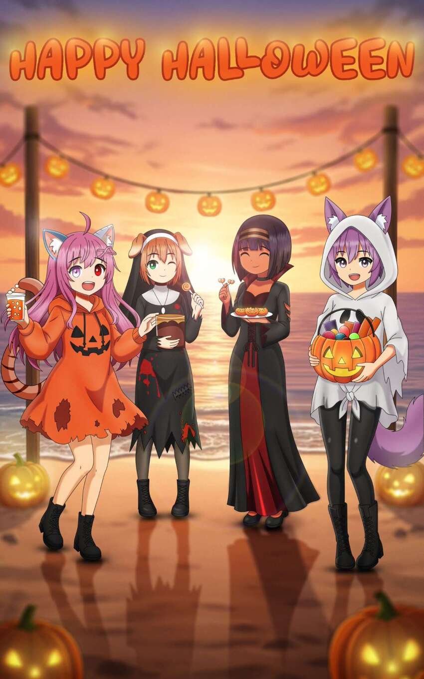 4girls, akemi_the_kitten_(character), akemithekitten, animal_ear_fluff, animal_ears, astarte_(surio), character_request, female_focus, halloween, halloween_costume, highres, hotel01, inuarashi, meiko_(inuarashi), multiple_girls, outdoors, standing, surio
