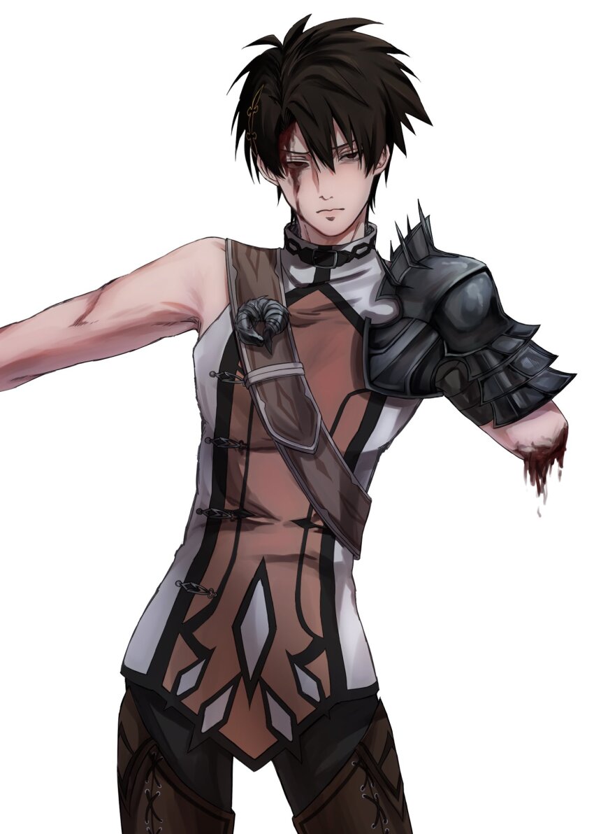 1boy, after_battle, aleksander_ryback, armor, belt, black_hair, bleeding, blood