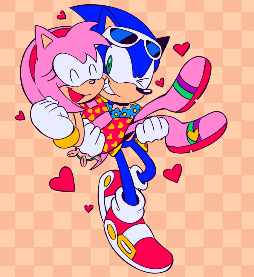 amy_rose, beach, bra, carrying, carrying_person, cory_hedgehog, feet, flower_collar, gloves, grin, hairband, having_fun, hawaiian_shirt, highres, medium_hair, one_eye_closed, petite, pink_fur, pink_hair, sandals, sega, shirt, shoes, smile, socks, sonamy, sonic_(series), sonic_the_hedgehog, sunglasses, swimsuit, swimsuit_skirt, underwear, walking, wink