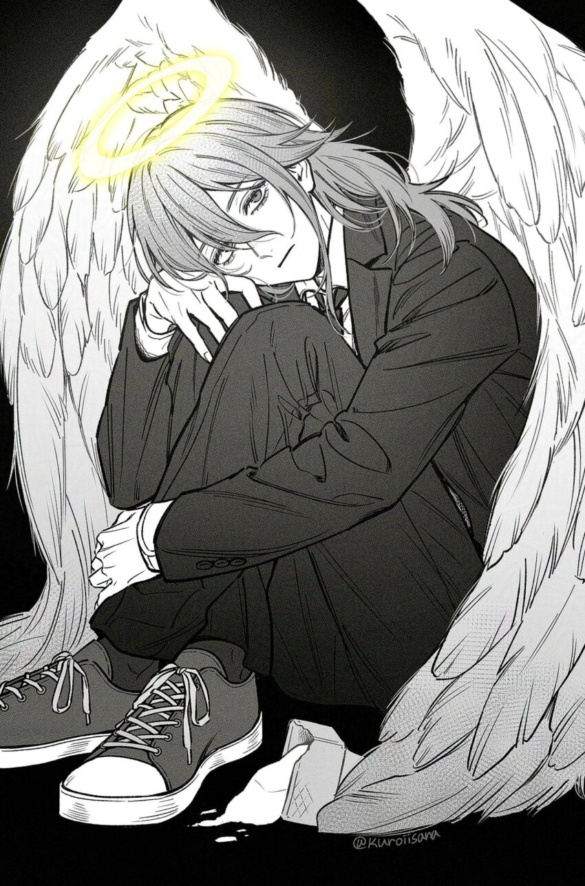 1boy, angel, angel_devil_(chainsaw_man), angel_wings, black_jacket, black_necktie, black_suit, business_suit