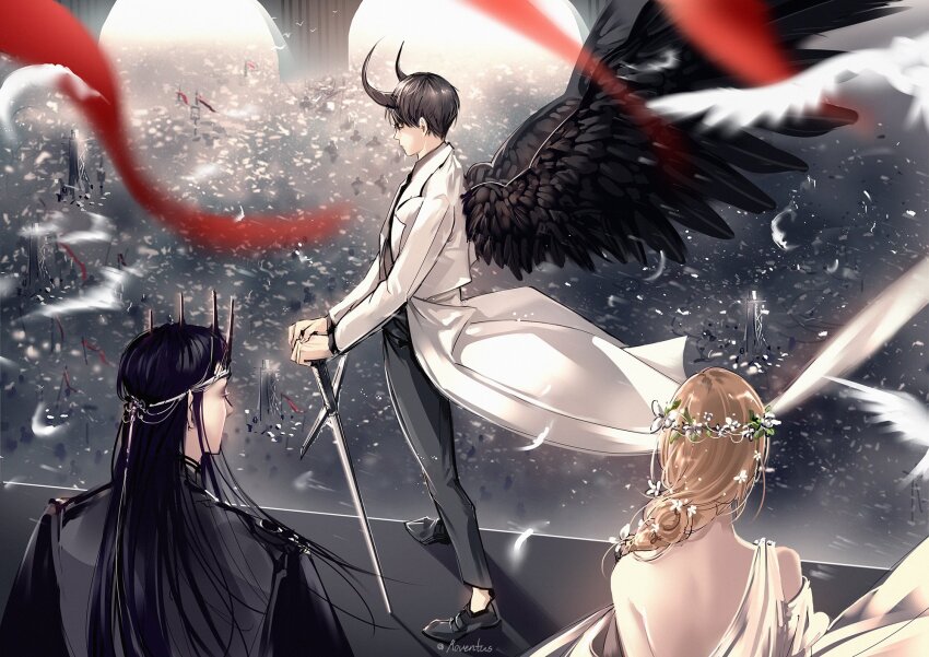 1girl, 2boys, arch, bird, black_hair, black_shirt, black_wings, blonde_hair
