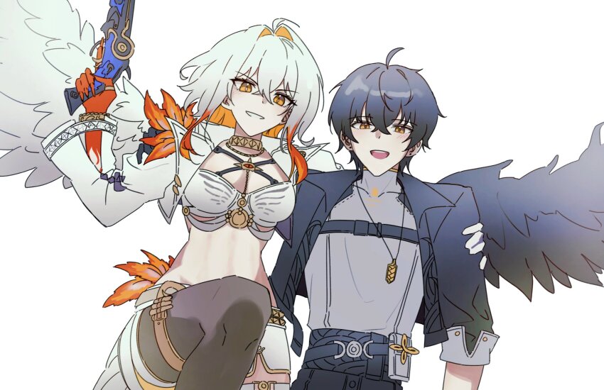 1boy, 1girl, asymmetrical_wings, black_shorts, blue_bra, bra, dooyam_830, galbrena_(wuthering_waves), gold_choker, gun, highres, male_rover_(wuthering_waves), mismatched_wings, official_alternate_eye_color, official_alternate_hair_color, rover_(wuthering_waves), shorts, simple_background, smile, underwear, very_long_fingernails, weapon, white_background, wings, wuthering_waves