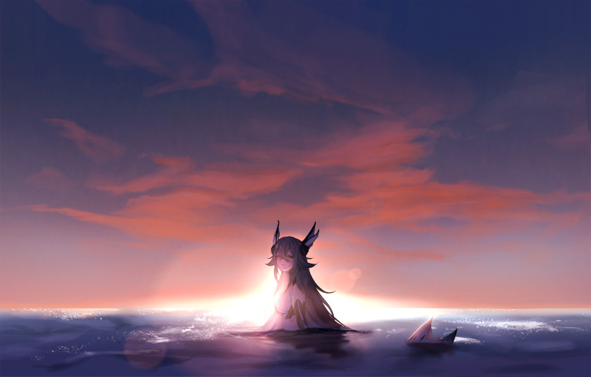 1girl, absurdres, blue_hair, breasts, cloud, hair_between_eyes, hair_ornament, highres