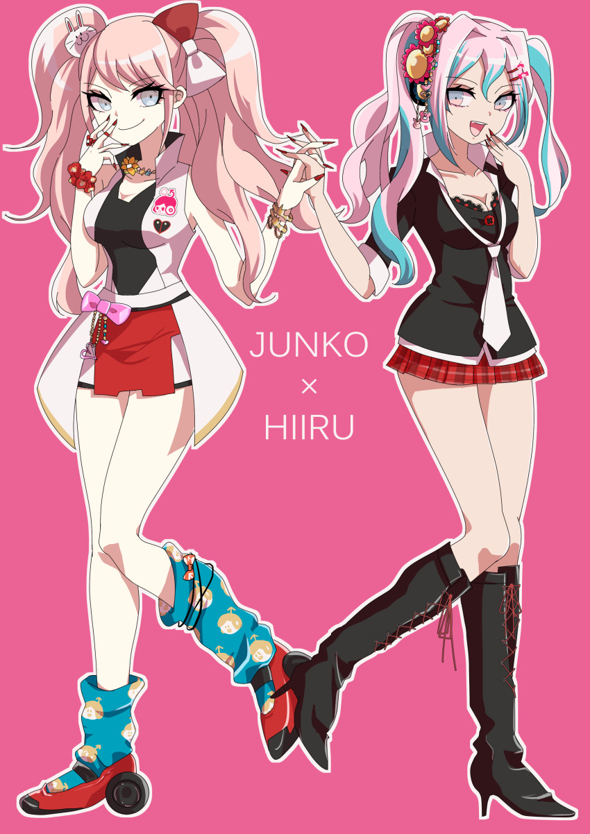 2girls, absurdres, breasts, cleavage, danganronpa_(series), enoshima_junko, highres, ikarigaseki_hiiru, look-alike, multiple_girls, station_memories, twintails