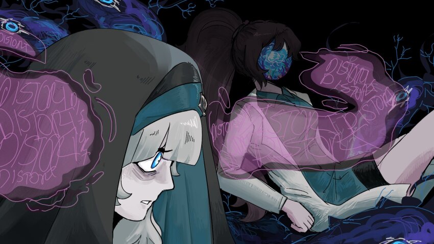 2girls, arknights, bags_under_eyes, blue_eyes, brown_hair, carmen_(project_moon), highres, hood