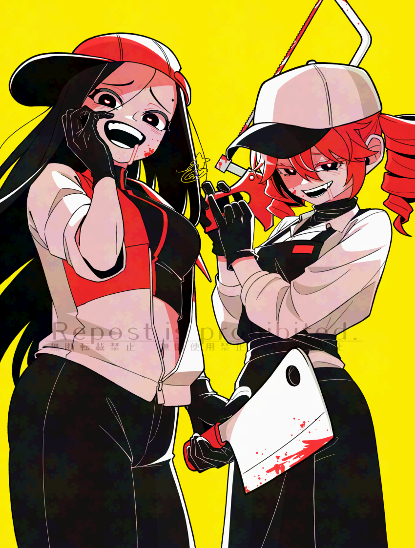 2girls, alternate_costume, apron, artist_name, baseball_cap, black_apron, black_eyes, black_gloves, black_hair, black_pants, blood_on_cheek, bonesaw, bright_pupils, butcher_vanity_(synthesizer_v), cleaver, collared_shirt, commentary, drill_hair, drooling, english_commentary, forehead, gloves, hacksaw, hat, heart, heart-shaped_pupils, highres, holding, holding_cleaver, holding_hacksaw, holding_saw, jacket, kasane_teto, limited_palette, long_bangs, long_hair, long_sleeves, looking_at_viewer, loosely_tucked_bangs, medium_hair, midriff, mole, mole_on_forehead, multicolored_jacket, multiple_girls, navel, open_mouth, pants, partially_shaded_face, red_hair, red_hat, red_jacket, saliva, saw, shade, shirt, signature, sleeves_rolled_up, sweater, symbol-shaped_pupils, teeth, turtleneck, turtleneck_sweater, twin_drills, two-tone_jacket, utau, very_long_hair, watermark, white_hat, white_jacket, white_pupils, white_shirt, yellow_background, yi_xi_(synthesizer_v), zakuro_tora, zipper, zipper_pull_tab
