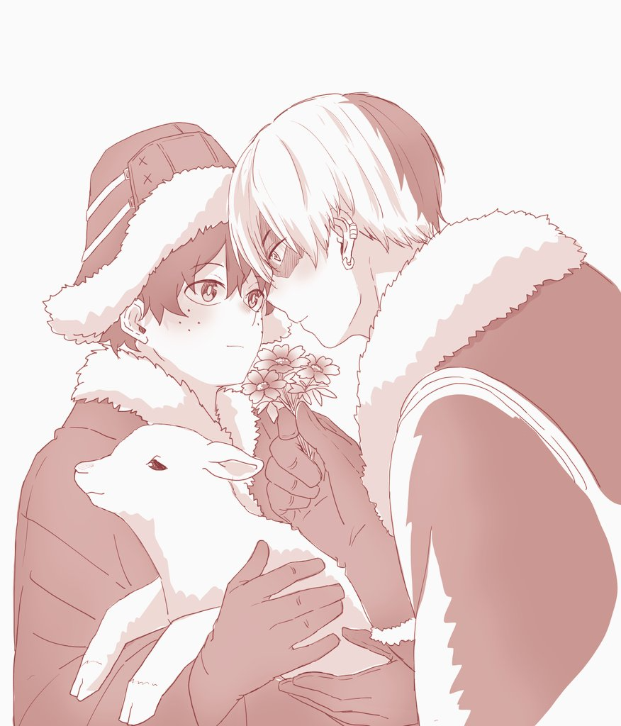 2boys, blush, boku_no_hero_academia, carrying, carrying_animal, coat, earrings, flower