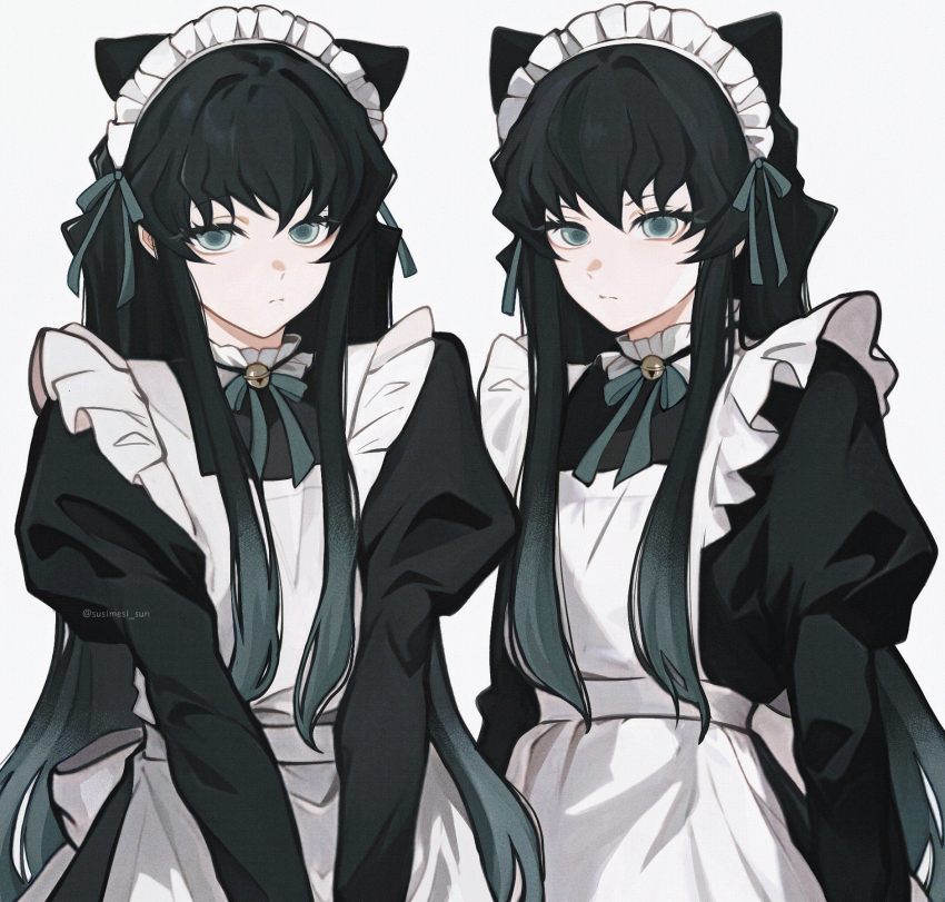 1boy, apron, aqua_eyes, black_hair, black_jacket, closed_mouth, crossdressing, crossdressing_(mtf), demon_slayer_uniform, high_collar, highres, jacket, juliet_sleeves, kimetsu_no_yaiba, long_hair, long_sidelocks, long_sleeves, looking_at_viewer, maid, maid_apron, maid_headdress, male_focus, multiple_views, puffy_sleeves, sidelocks, simple_background, solo, susimesi_sun, tokitou_muichirou, trap, twitter_username, upper_body, white_background