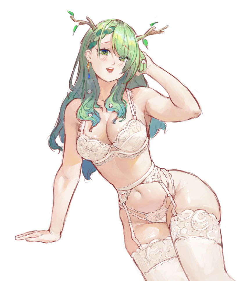 1girl, absurdres, antlers, armpits, bobsta01, bra, breasts, ceres_fauna
