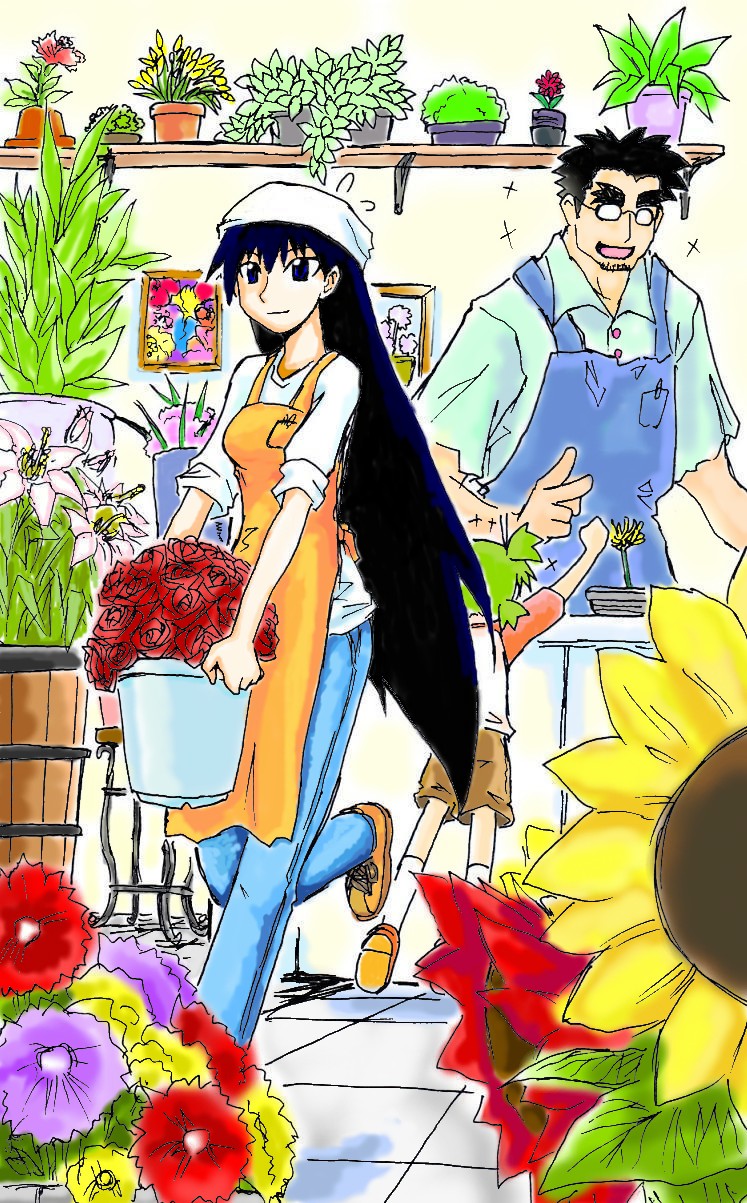 1boy, apron, azumanga_daiou, black_hair, blue_eyes, child, creator_connection, crossover, dinonix, flower, green_hair, headscarf, highres, jumbo_(yotsubato!), koiwai_yotsuba, long_hair, sakaki_(azumanga_daioh), sleeves_rolled_up, white_headscarf, yotsubato!