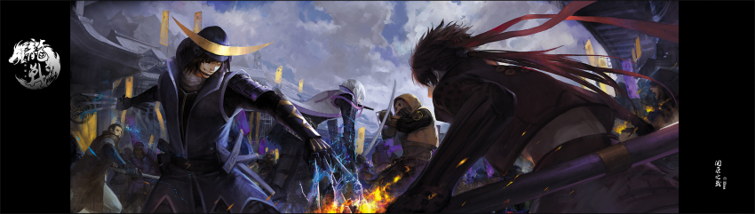 6+boys, armor, battle, brown_hair, cloud, coat, date_masamune_(sengoku_basara), dual_wielding