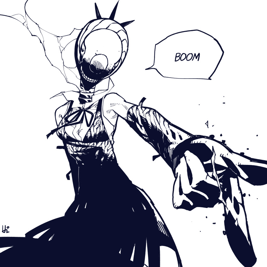 1girl, absurdres, apron, bomb_devil_(chainsaw_man), chainsaw_man, collared_shirt, elbow_gloves, gloves