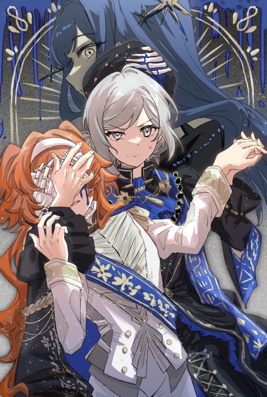 3girls, 7nosuke, alternate_costume, arcana_(reverse:1999), ascot, black_jacket, blue_ascot, blue_hair