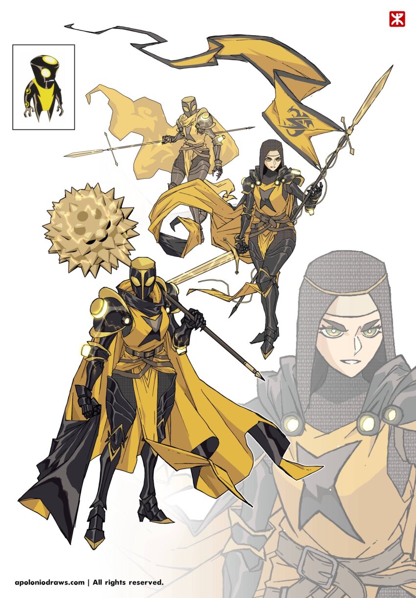 1girl, apoloniodraws, armor, ben_10, black_armor, coat, electricity, full_armor, green_eyes, highres, holding, holding_polearm, holding_sword, holding_weapon, long_coat, looking_at_viewer, megawatt, nosedeenian, nun, polearm, spike_ball, sword, weapon, yellow_coat, yellow_flag