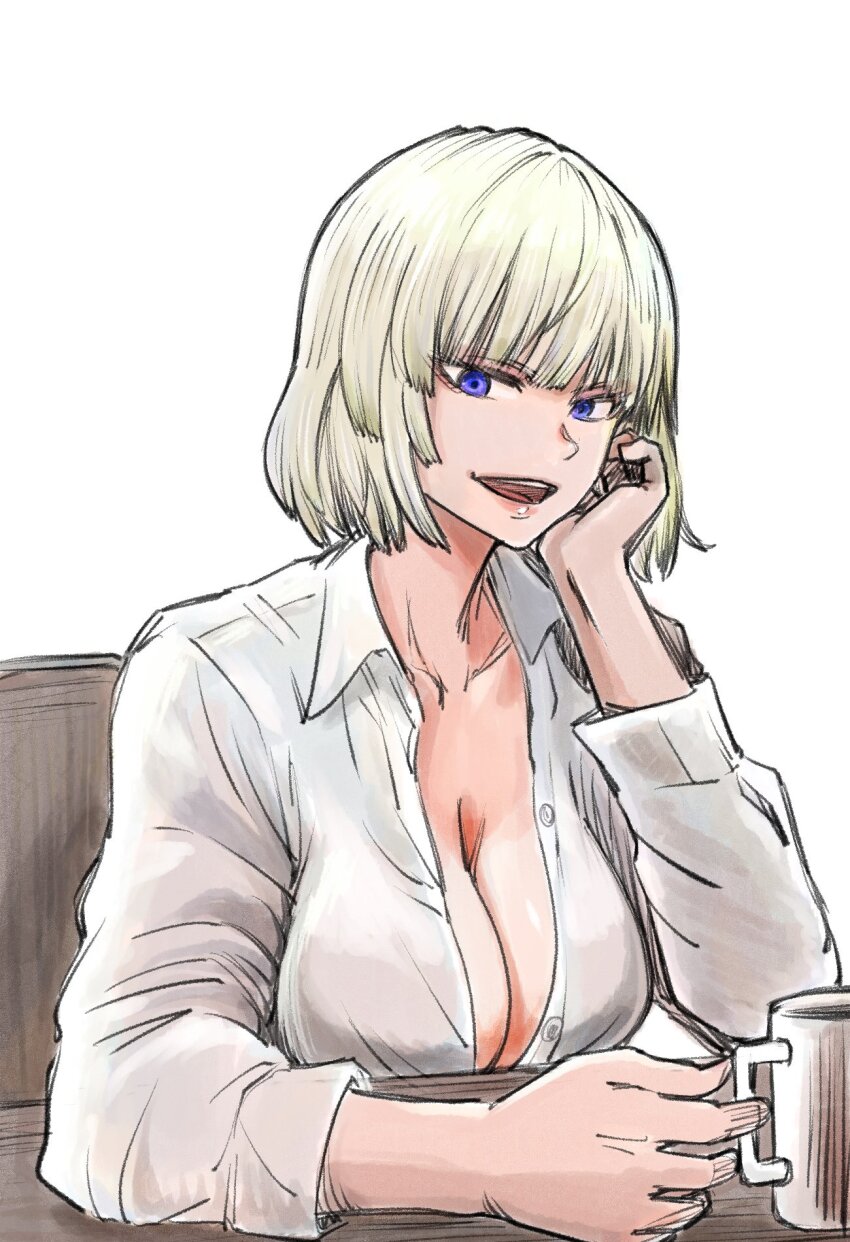1girl, blonde_hair, breasts, cleavage, coffee, coffee_mug, cropped_legs, cup
