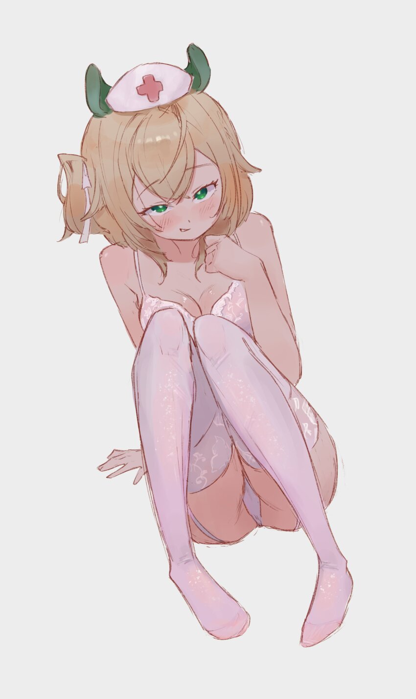 1girl, absurdres, blonde_hair, bobsta01, bra, garter_straps, green_eyes, hat