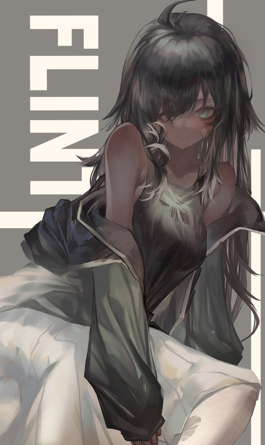 1girl, absurdres, arknights, bandaid, bandaid_on_face, black_hair, black_shirt, blue_eyes