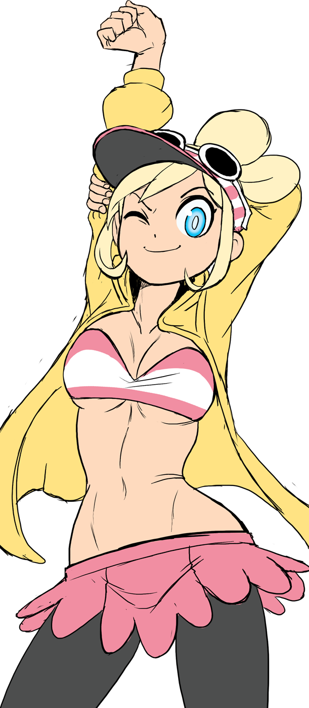 arms_behind_head, arms_up, blonde_hair, blue_eyes, bra, breasts, cleavage, cleft_of_venus