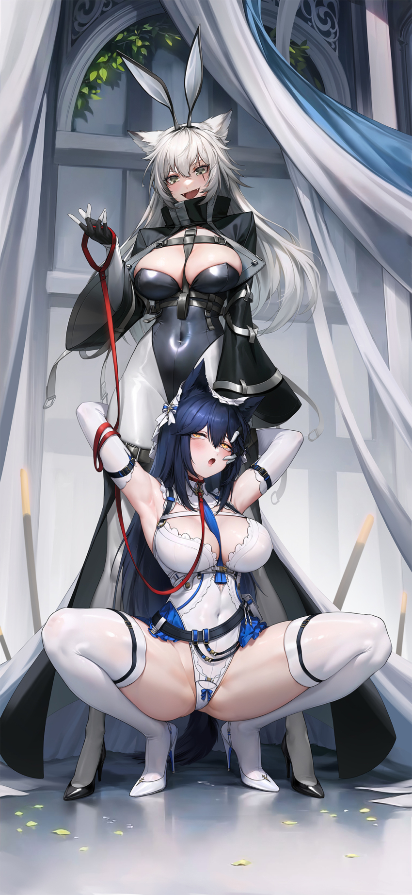 2girls, :d, absurdres, animal_ears, arknights, arms_behind_back, belt, between_breasts