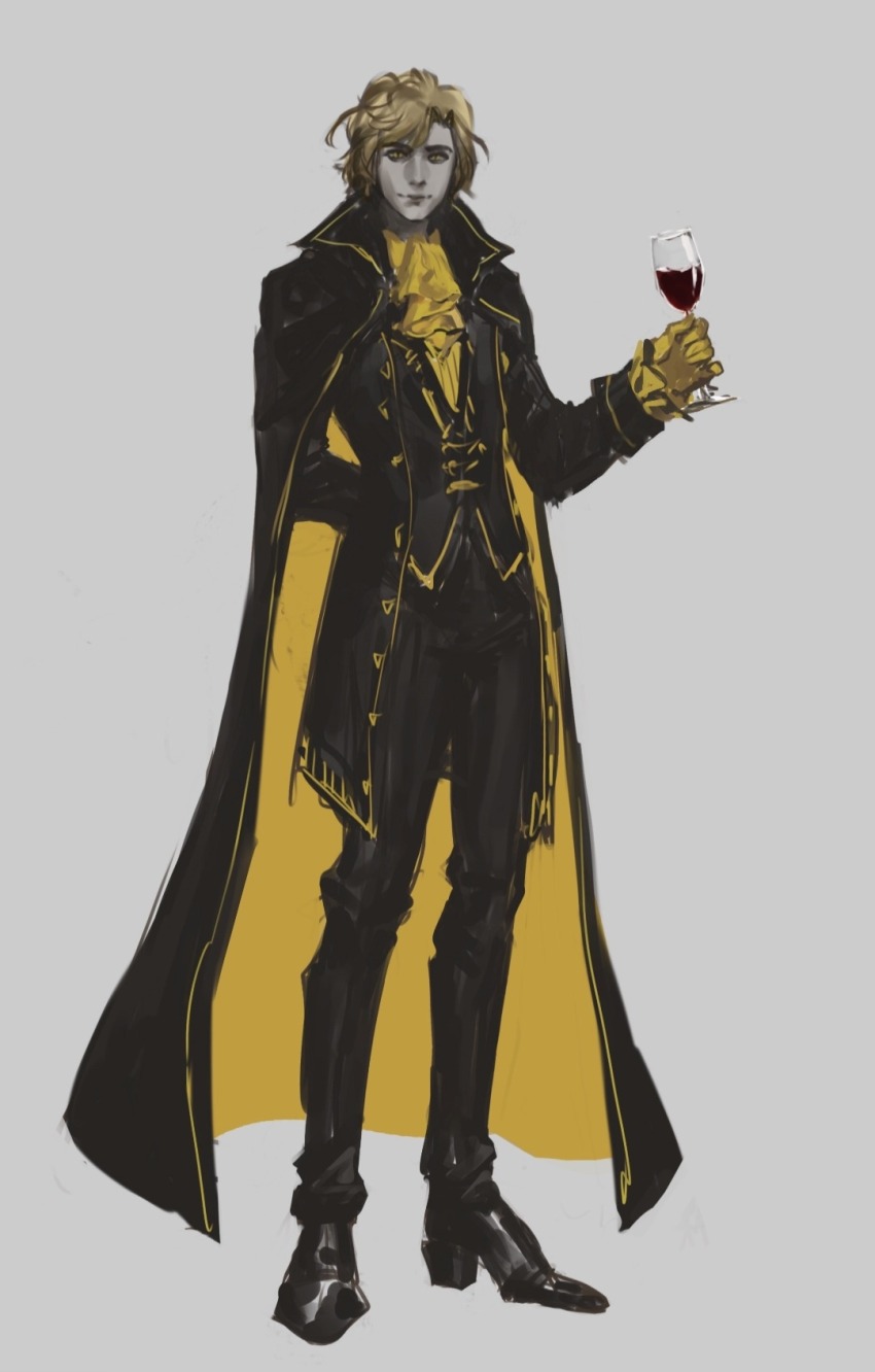 1boy, ascot, bill_cipher, black_vest, blonde_hair, colored_skin, cup, drinking_glass