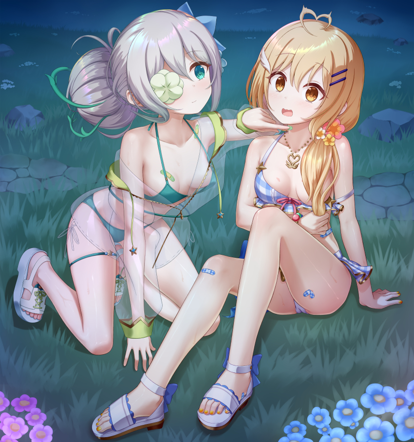 2girls, absurdres, ahoge, anemone_(princess_connect!), anemone_(summer)_(princess_connect!), applying_bandaid, arm_support, bandaid