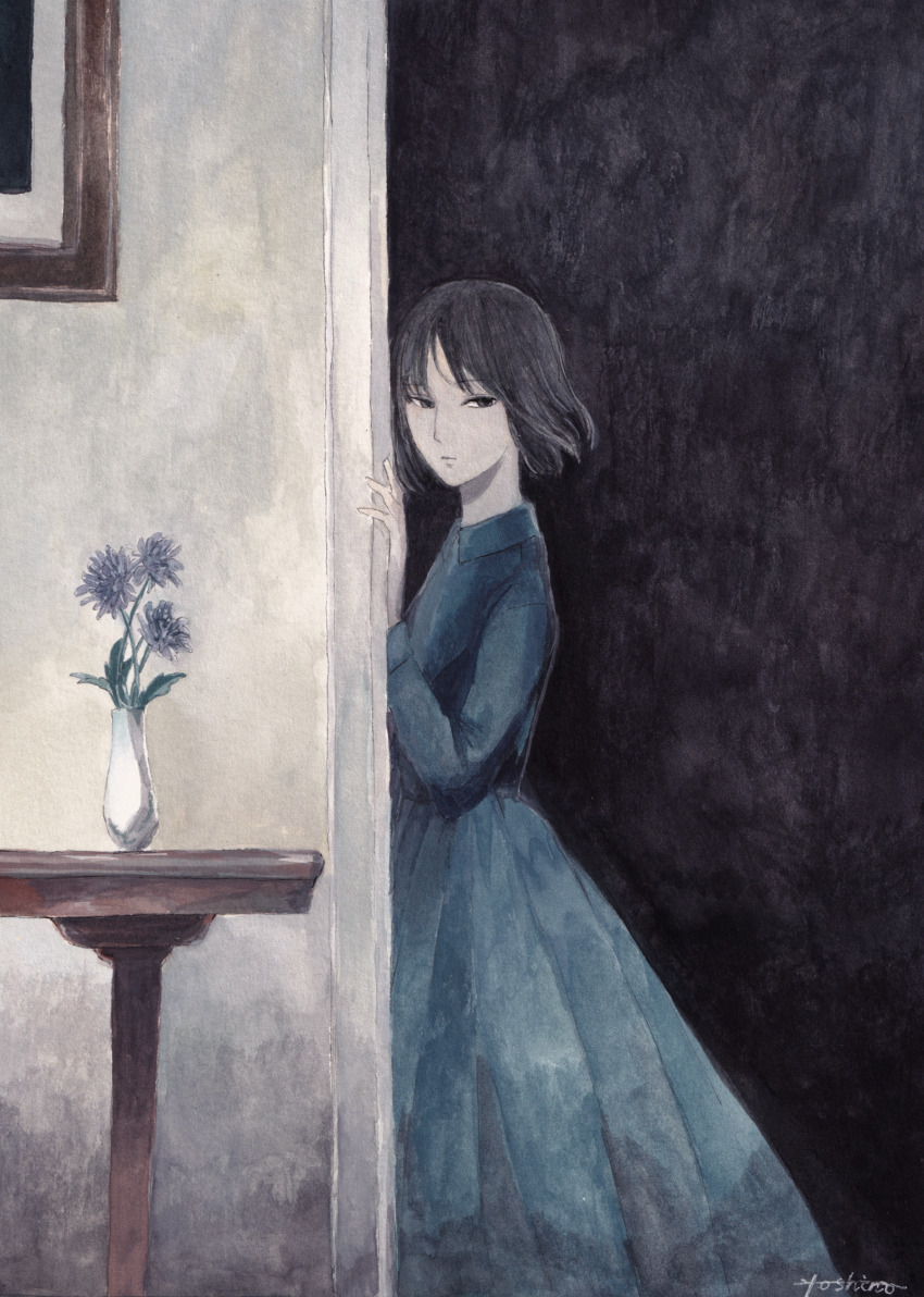 1girl, black_hair, closed_mouth, collared_dress, commentary_request, dress, expressionless, feet_out_of_frame