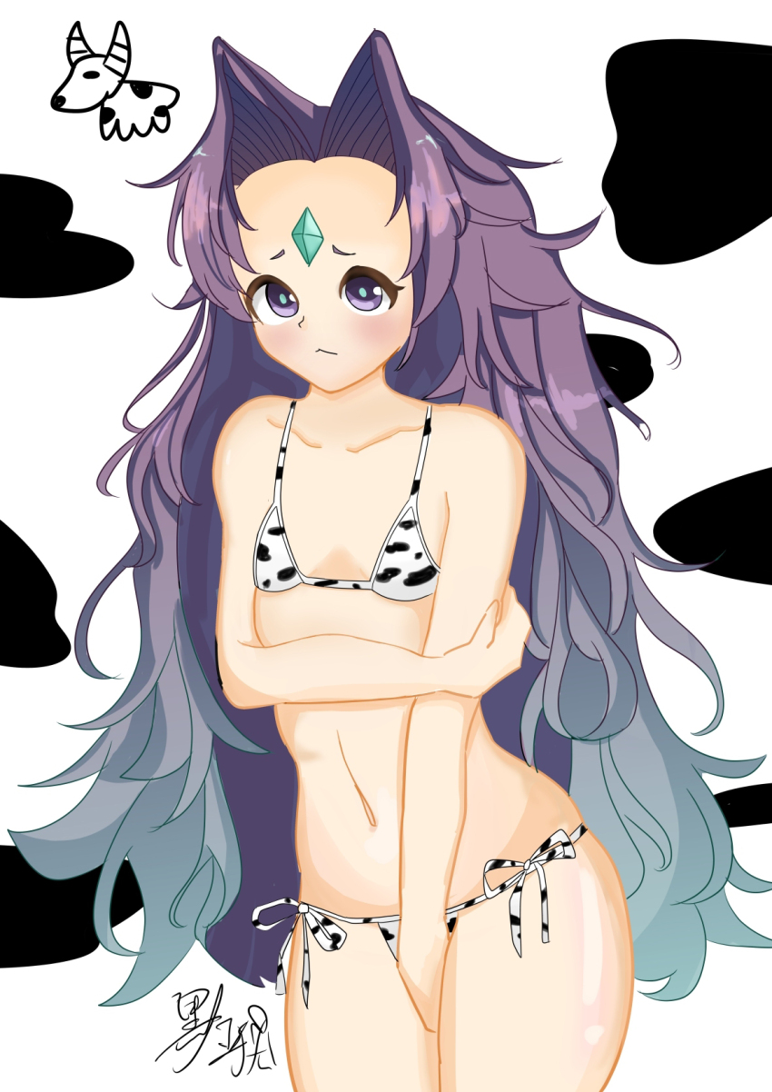 1girl, aesop_(grimms_notes), animal_print, bad_id, bad_pixiv_id, bikini, blue_hair, blush