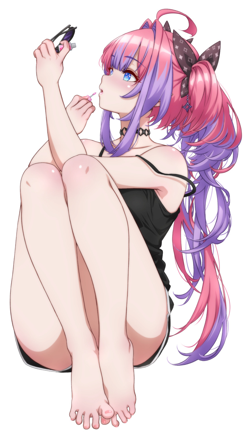 1girl, absurdres, ahoge, applying_lipgloss, barefoot, black_bow, black_camisole, black_choker, black_shorts, blue_eyes, bow, camisole, choker, feet, full_body, hair_bow, hair_intakes, highres, holding, holding_removed_eyewear, hololive, hololive_dev_is, kikirara_vivi, knees_up, lipgloss, long_hair, multicolored_hair, open_mouth, p-nekoe, pink_hair, purple_hair, short_shorts, shorts, sidelocks, simple_background, sitting, solo, spread_toes, strap_slip, streaked_hair, sunglasses, toes, twintails, unworn_eyewear, very_long_hair, virtual_youtuber, white_background