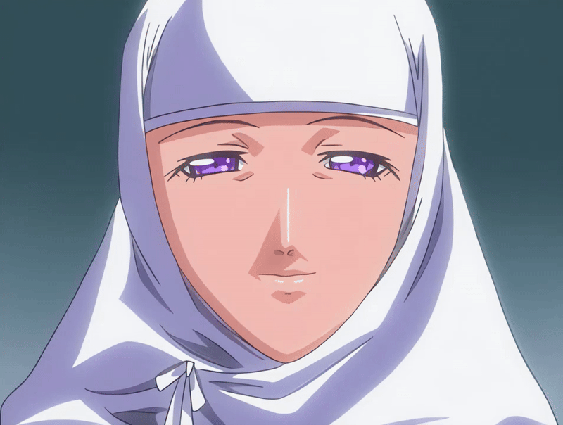 1girl, 2004, animated, animated_gif, anime_screenshot, bible_black, bible_black_new_testament, mature_female, monk, purple_eyes, religious, robe, shin_bible_black, smile, tagme, takashiro_hiroko, veil