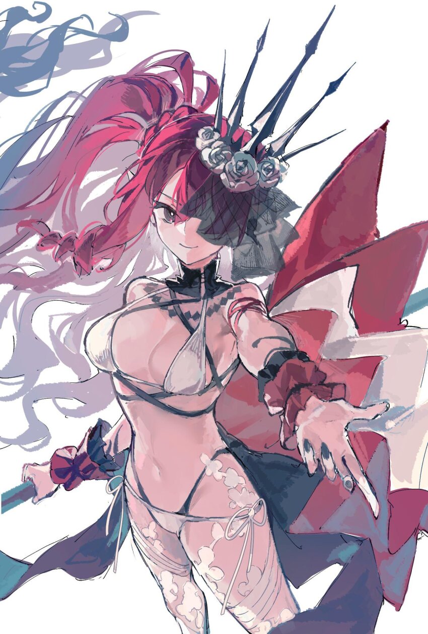 1girl, baobhan_sith_(fate), baobhan_sith_(swimsuit_pretender)_(third_ascension)_(fate), bikini, black_eyes, black_nails, black_veil, breasts