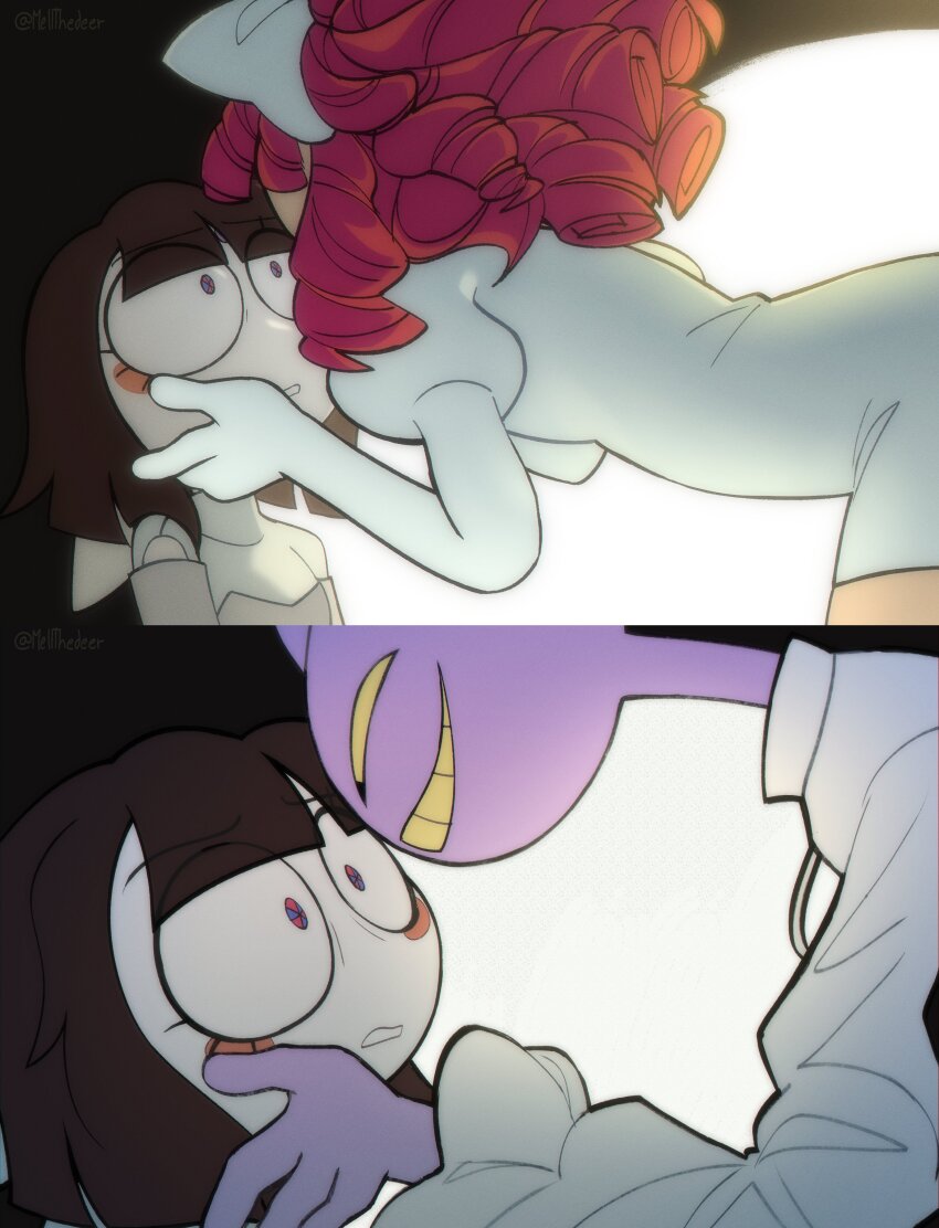 1boy, 2girls, absurdres, alien_stage, blue_eyes, blush_stickers, bow, brown_hair, colored_sclera, colored_teeth, commentary, cosplay, elbow_gloves, english_commentary, gloves, hair_bow, hand_on_another's_face, highres, jax_(the_amazing_digital_circus), juliet_sleeves, long_sleeves, luka_(alien_stage), luka_(alien_stage)_(cosplay), mellthedeer, mizi_(alien_stage), mizi_(alien_stage)_(cosplay), multicolored_eyes, multiple_girls, pomni_(the_amazing_digital_circus), puffy_sleeves, ragatha_(the_amazing_digital_circus), red_eyes, red_hair, ringlets, shirt, signature, smile, sua_(alien_stage), sua_(alien_stage)_(cosplay), the_amazing_digital_circus, two-tone_eyes, white_bow, white_gloves, white_shirt, yellow_sclera, yellow_teeth