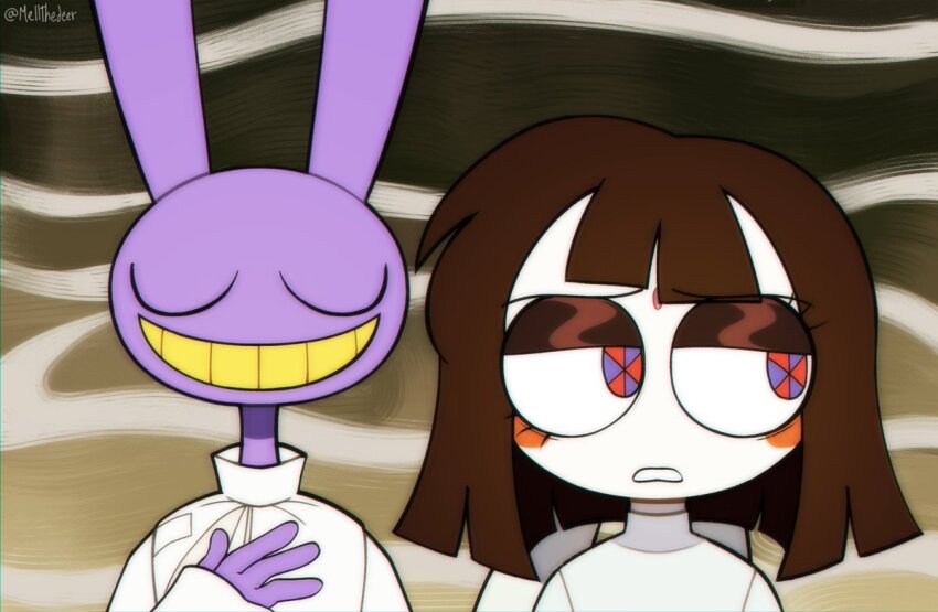 1boy, 1girl, alien_stage, animal_ears, blue_eyes, blush_stickers, brown_hair, colored_teeth, commentary, cosplay, english_commentary, furry, furry_male, hand_on_own_chest, jax_(the_amazing_digital_circus), looking_to_the_side, luka_(alien_stage), luka_(alien_stage)_(cosplay), mellthedeer, mizi_(alien_stage), mizi_(alien_stage)_(cosplay), multicolored_eyes, pomni_(the_amazing_digital_circus), rabbit_boy, rabbit_ears, red_eyes, shirt, signature, smile, the_amazing_digital_circus, two-tone_eyes, white_shirt, yellow_teeth