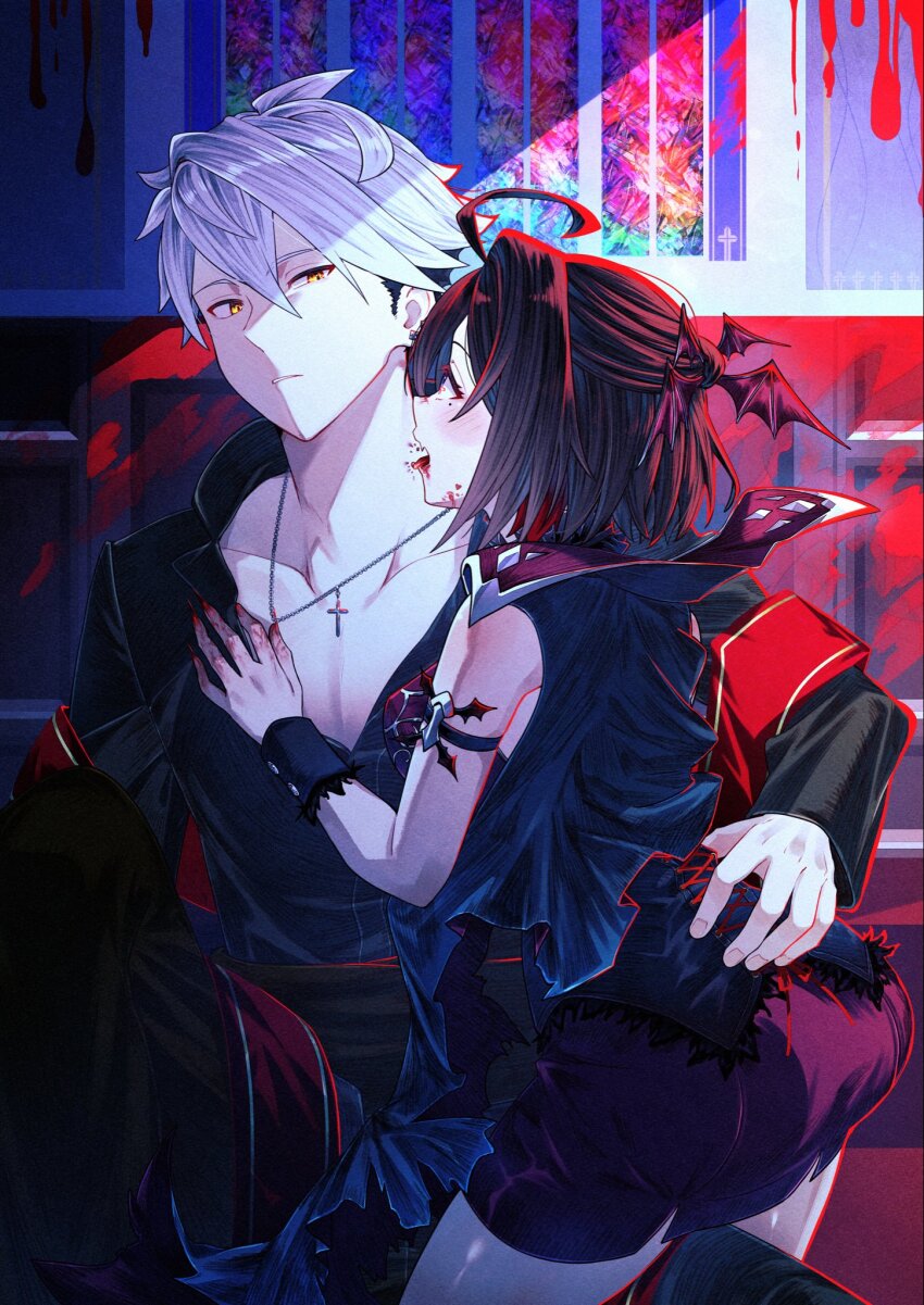 1boy, 1girl, ahoge, ass, atelier_(series), atelier_yumia, blood, blood_on_wall