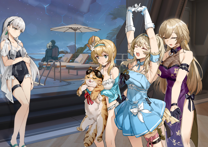 1boy, 463_jun, 5girls, absurdres, ak-alfa_(girls'_frontline), animal, arm_strap, armpits, arms_up, beach_umbrella, bikini, black_gloves, black_hair, black_jacket, black_one-piece_swimsuit, blonde_hair, blue_bow, blue_bowtie, blue_dress, blue_eyes, blue_hairband, bow, bowtie, breasts, casual_one-piece_swimsuit, cat, china_dress, chinese_clothes, closed_eyes, commander_(girls'_frontline), dress, earrings, eyewear_on_head, floral_print, floral_print_dress, frilled_bikini, frills, game_screenshot_background, girls'_frontline, girls'_frontline_2:_exilium, gloves, groza_(girls'_frontline_2), hair_bun, hair_intakes, hairband, half_gloves, hashtag-only_commentary, highres, holding, holding_animal, holding_cat, jacket, jewelry, kalina_(girls'_frontline), kalinya, leg_ribbon, long_hair, multicolored_jacket, multiple_girls, night, official_alternate_costume, one-piece_swimsuit, open_mouth, ots-14_(girls'_frontline), ots-14_(sangria_succulent)_(girls'_frontline), parted_lips, pink_bow, pink_ribbon, print_dress, purple_dress, red_jacket, ribbon, screenshot_background, short_dress, single_earring, single_hair_bun, sitting, sky, standing, star_(sky), starry_sky, stretching, sunglasses, suomi_(girls'_frontline), suomi_(girls'_frontline_2), suomi_(midsummer_pixie)_(girls'_frontline), swimsuit, thigh_strap, tololo_(celestial_river_at_dusk)_(girls'_frontline_2), tololo_(girls'_frontline_2), two-tone_jacket, umbrella, vepley_(girls'_frontline_2), vepley_(summer_echoes)_(girls'_frontline_2), white_bikini, white_gloves, white_hair, yawning, yellow_eyes