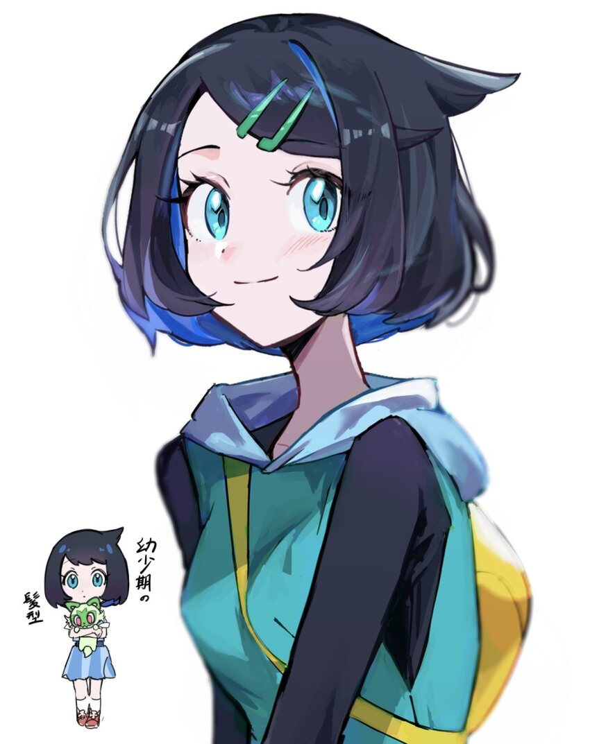 1girl, black_hair, black_shirt, blue_eyes, blue_hair, blue_hoodie, chibi, chibi_inset