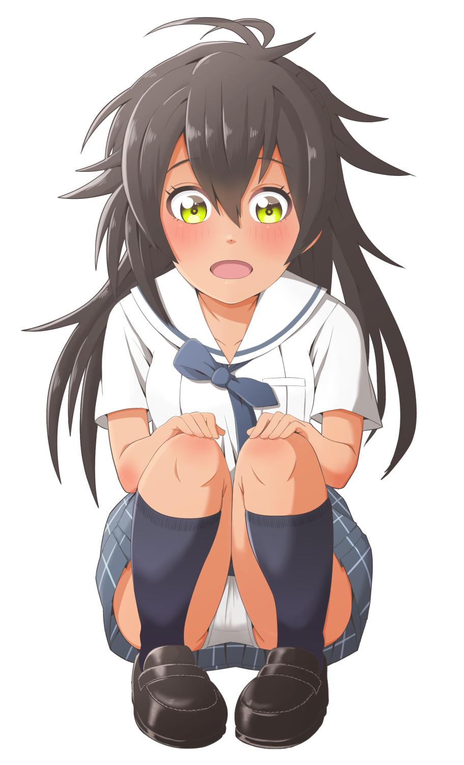 1girl, akino_komugi, black_hair, black_socks, bow, bowtie, breasts, cinderella_series, collarbone, full_body, green_eyes, hachigatsu_no_cinderella_nine, hair_between_eyes, hands_on_own_knees, highres, loafers, long_hair, looking_at_viewer, nekonitankobu, no_dickey, open_mouth, panties, pantyshot, plaid_clothes, plaid_skirt, sailor_collar, satogahama_school_uniform, school_uniform, shadow, shoes, short_sleeves, simple_background, skirt, socks, solo, squatting, straight-on, summer_uniform, tan, thighs, underwear, white_background, white_panties, white_sailor_collar