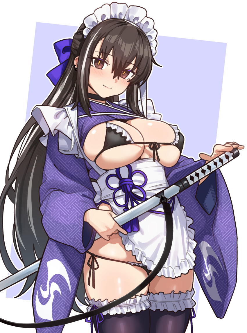 1girl, absurdres, adapted_costume, apron, bikini, black_hair, black_thighhighs, blue_background, breasts, brown_eyes, cleavage, earrings, ebora, fate/grand_order, fate_(series), front-tie_bikini_top, front-tie_top, hair_between_eyes, highres, holding, holding_sword, holding_weapon, japanese_clothes, jewelry, katana, kawakami_gensai_(fate), kawakami_gensai_(second_ascension)_(fate), kimono, large_breasts, long_hair, looking_at_viewer, maid, maid_apron, maid_bikini, maid_headdress, multicolored_hair, purple_kimono, sheath, sheathed, side-tie_bikini_bottom, smile, solo, streaked_hair, swimsuit, sword, thighhighs, two-tone_background, unconventional_maid, wa_maid, weapon, white_background, white_hair, wide_sleeves