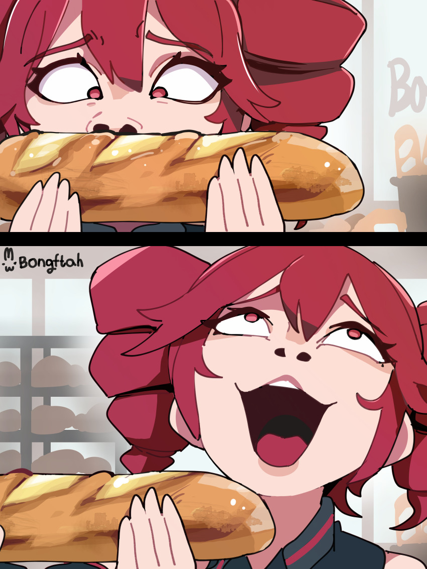 1girl, absurdres, baguette, bare_shoulders, bongftah, bread, commentary_request, drill_hair