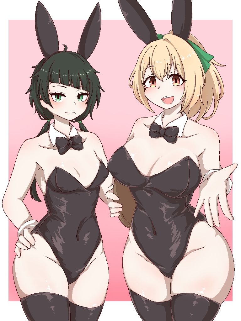 2girls, animal_ear_hairband, animal_ears, black_bow, black_thighhighs, blonde_hair, blunt_bangs, bow, bowtie, breasts, cinderella_series, cleavage, closed_mouth, collarbone, cowboy_shot, fake_animal_ears, gemini_hanpen, green_eyes, green_hair, green_ribbon, groin, hachigatsu_no_cinderella_nine, hair_between_eyes, hair_ornament, hair_ribbon, hairband, lihua_lin, long_hair, looking_at_viewer, medium_breasts, multiple_girls, open_mouth, pink_background, playboy_bunny, ponytail, rabbit_ear_hairband, rabbit_ears, ribbon, simple_background, small_breasts, standing, takanashi_yuzu, teeth, thighhighs, twintails, upper_body, upper_teeth_only