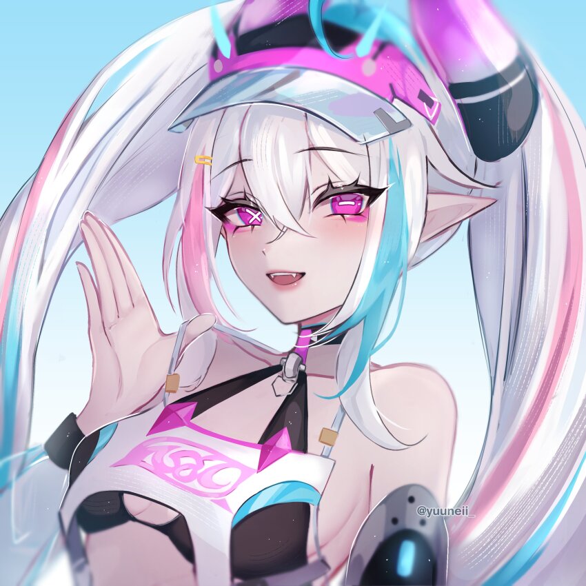 1girl, absurdres, bare_shoulders, bikini, blue_hair, breasts, choker, detached_sleeves