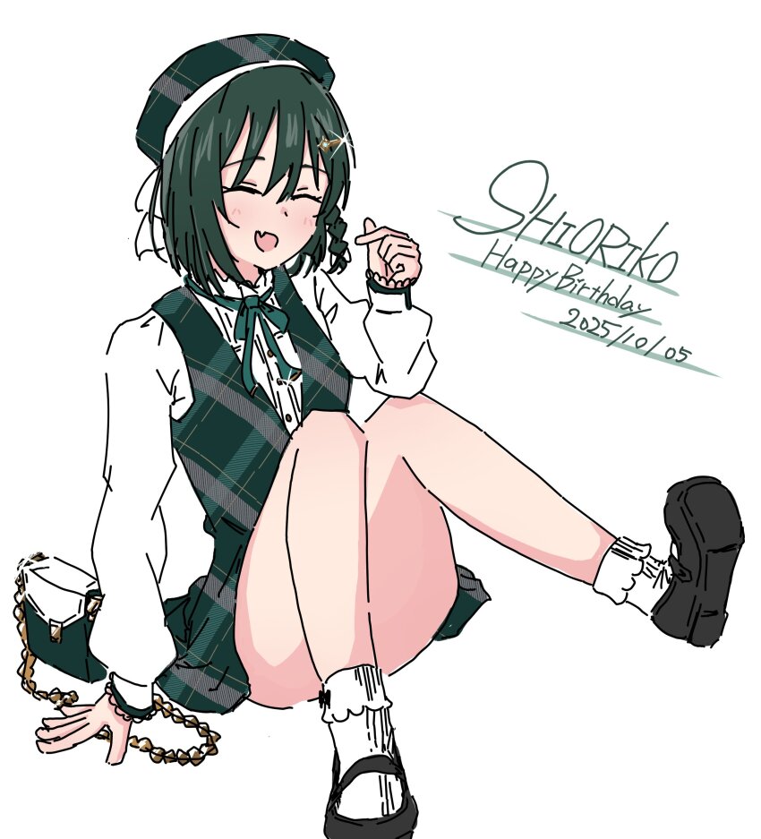 1girl, :d, ^_^, absurdres, bag, beret, black_shoes, braid