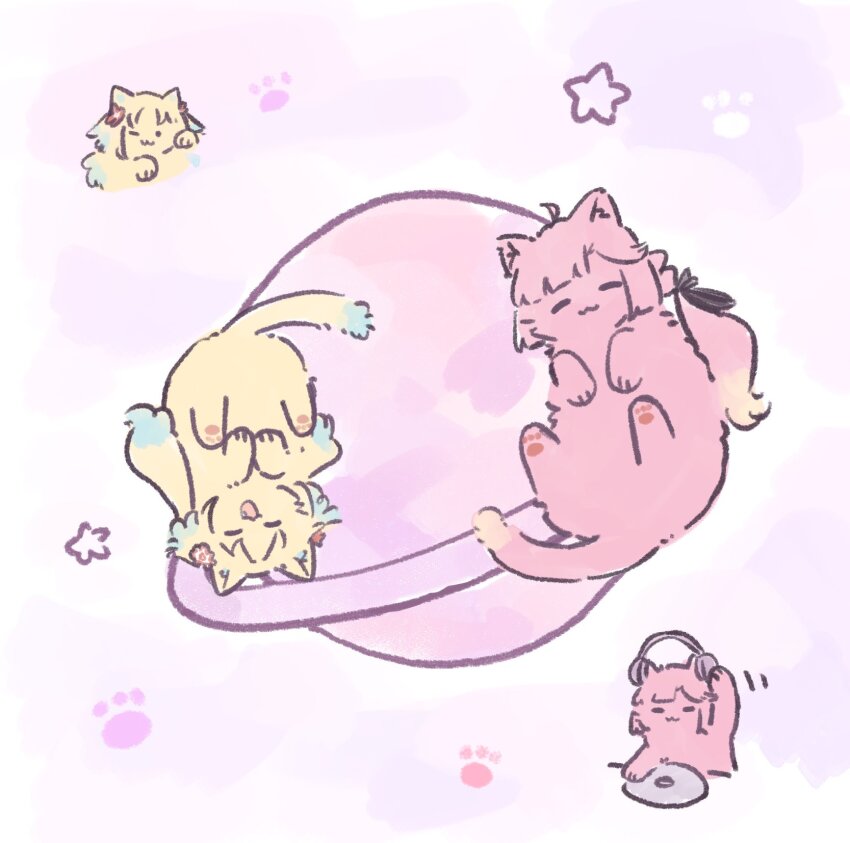 ;3, animalization, anyoji_hime, ao_kaeru, cat, commentary, headphones_on_animal_ears, highres