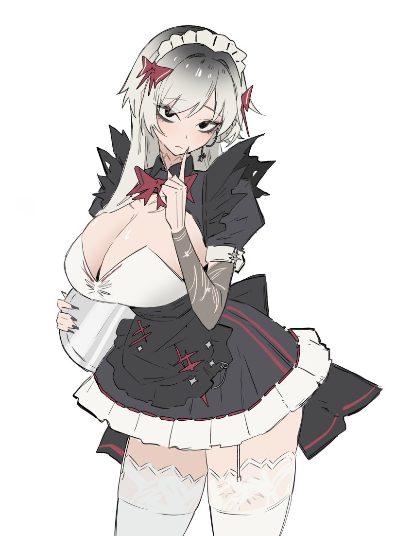 1girl, absurdres, apron, arm_tattoo, black_apron, black_dress, black_eyes, bow